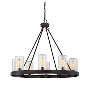 Inman 32 in. W x 27.63 in. H 8-Light English Bronze Outdoor Chandelier with Clear Cylindrical Glass Shades