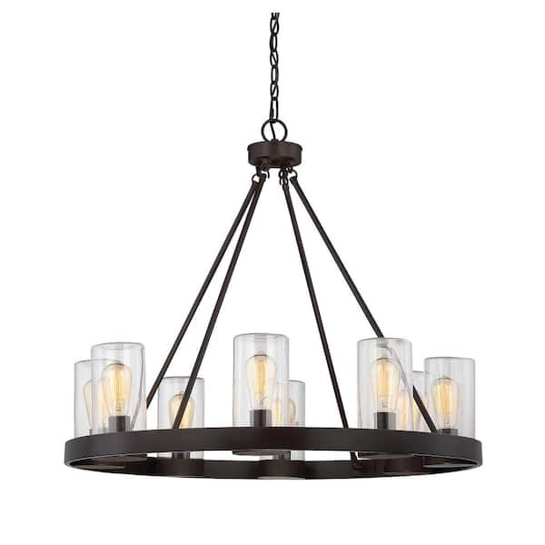 Savoy House Inman 32 in. W x 27.63 in. H 8-Light English Bronze Outdoor Chandelier with Clear Cylindrical Glass Shades