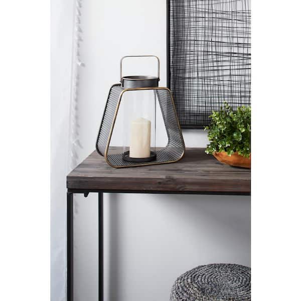 Rounded Triangle Black Metal Lantern Candle Holder with Handle and Gold Trim