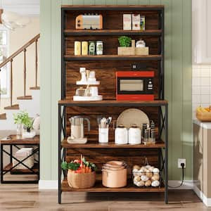 Keenyah Brown 5+ Shelf Metal 39.37 in. W Baker's Rack with Power Outlets, Microwave Oven Stand with Storage