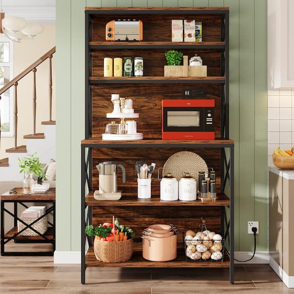 BYBLIGHT Keenyah Brown 5+ Shelf Metal 39.37 in. W Baker's Rack with Power Outlets, Microwave Oven Stand with Storage