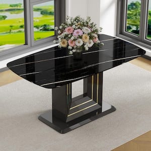 Black Glass 63 in. U-Shape MDF Pedestal Dining Table Seats 6 with Faux Marble Decorations