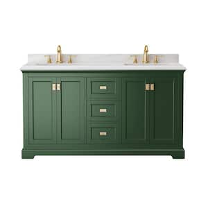 60.6 in. W x 22.4 in. D x 40.7 in. H Double Sink Freestanding Bath Vanity in Venetian Green with White Marble Top