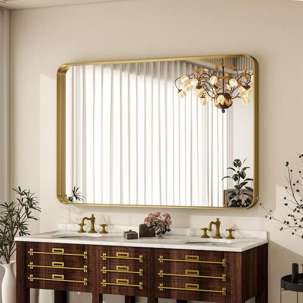 29.5 in. W x 48 in. H Modern Rectangular Rounded Gold Aluminum Deep Framed Bathroom Mirror Wall Mirror