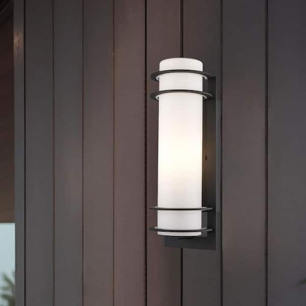 Zephyr 16.25 in. 1-Light Black Cylinder Outdoor Wall Light Fixture with Frosted Glass