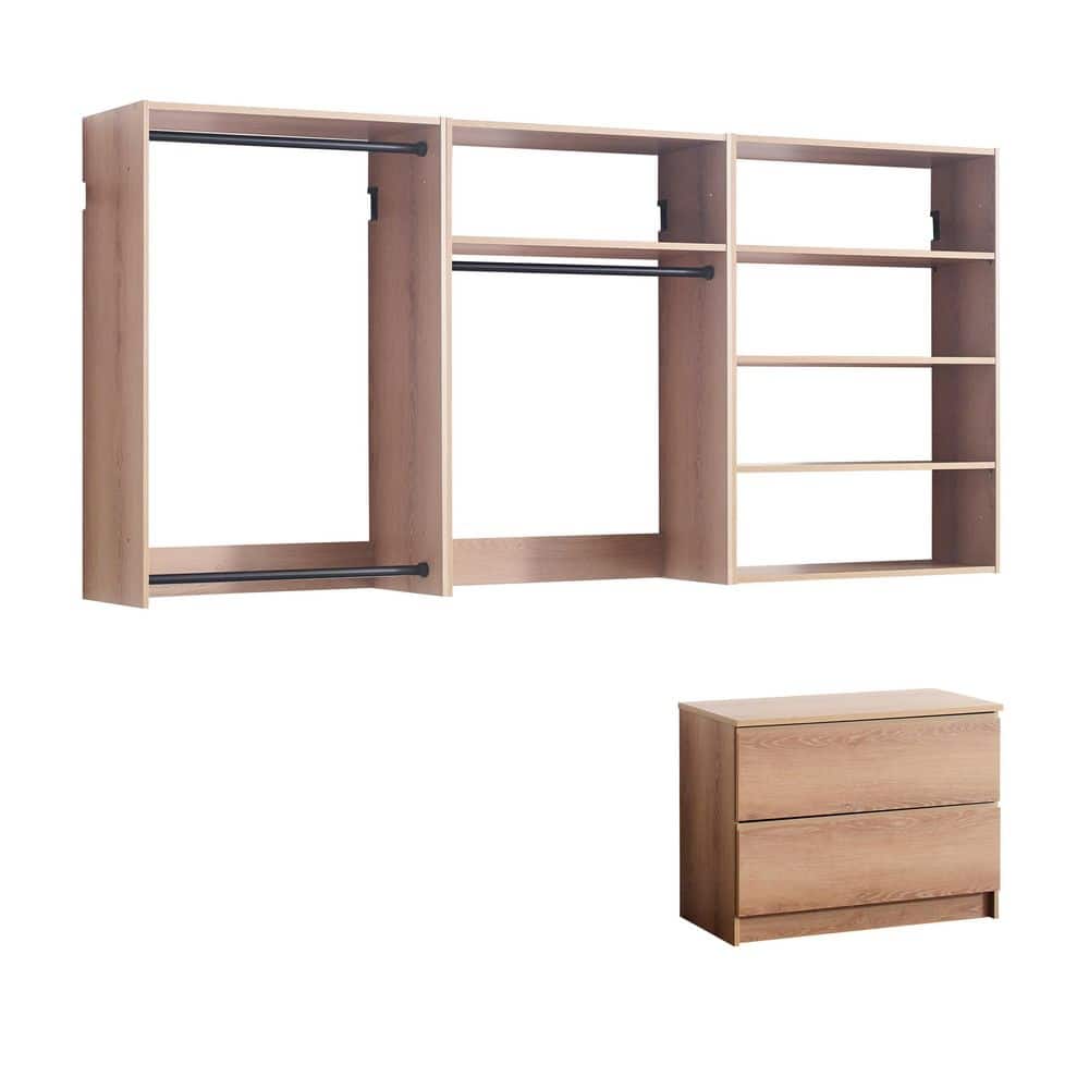 Devi Series 31.5-94. 5in. W Oak Modular Closet System Wall Mount Double Hanging Rods 5-Shelf Wood Closet System
