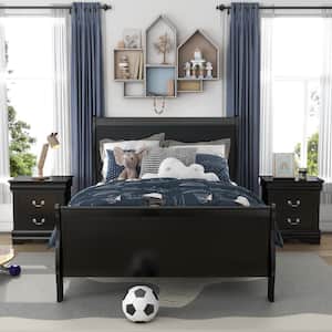 Burkhart 3 Piece Black Wood Full Bedroom Set with 2 Nightstands