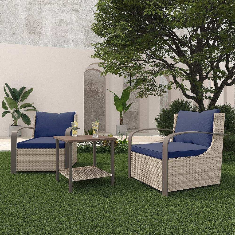 3-Piece Rattan Outdoor Lounge Chair Furniture Set with Blue Cushions and Coffee Table