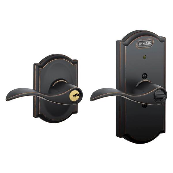 Schlage Camelot Collection Accent Aged Bronze Keyed Entry Lever with Built-In Alarm