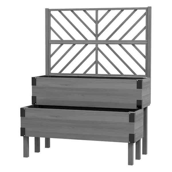 Unbranded 2-Tier Gray Wood Raised Garden Bed with Trellis, Elevated Planter Box with Legs, Metal Corners for Vegetables, Flower