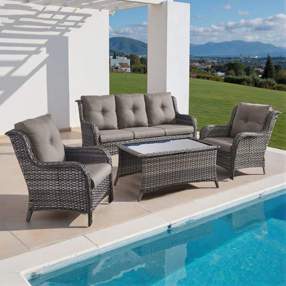Pocassy 4-Piece Wicker Outdoor Patio Seating Conversation Set Sectional ...
