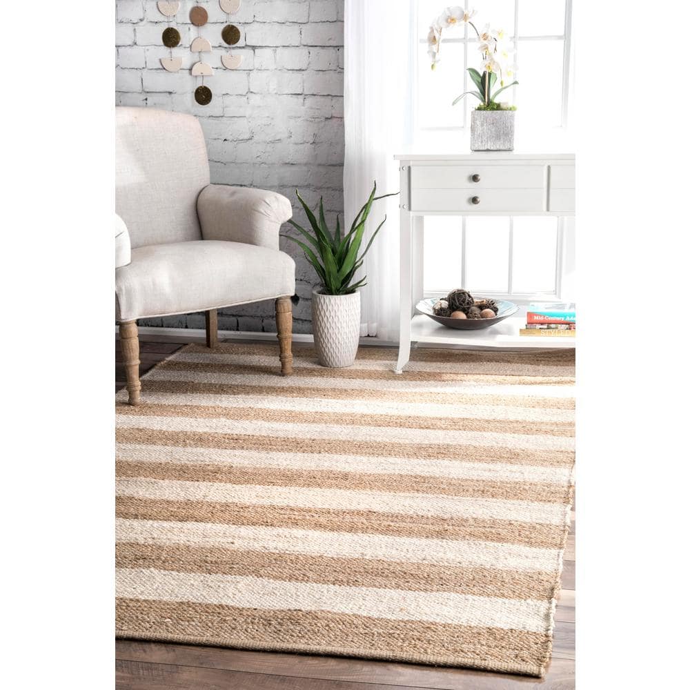 Off-White and Beige Striped Jute Cotton 3' x 5' Area Rug