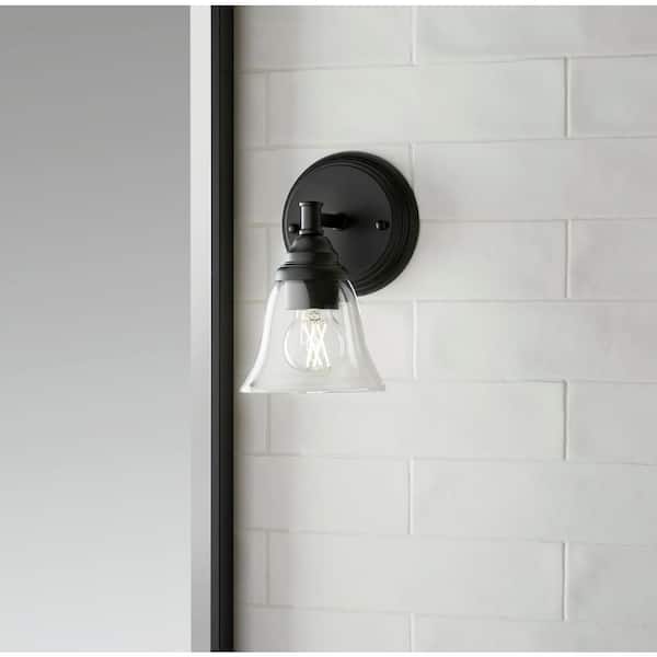 Hampton Bay Marsden 5.5 in. 1-Light Matte Black Transitional Wall Sconce with Clear Glass Shade