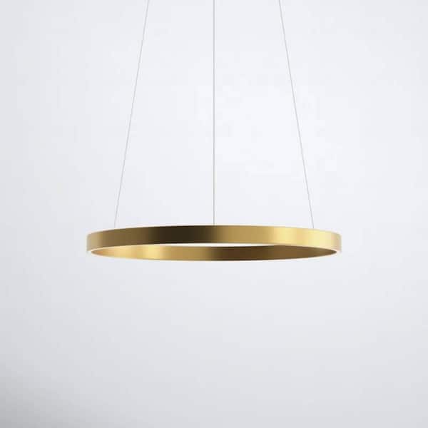 30-Watt 1 light Brushed Gold Integrated LED Polygonal circle Pendant Light with PVC Shade