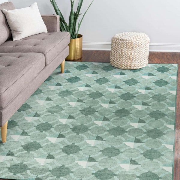 Dula Light Sage Green 5 ft. x 7 ft. Geometric Washable Area Rug