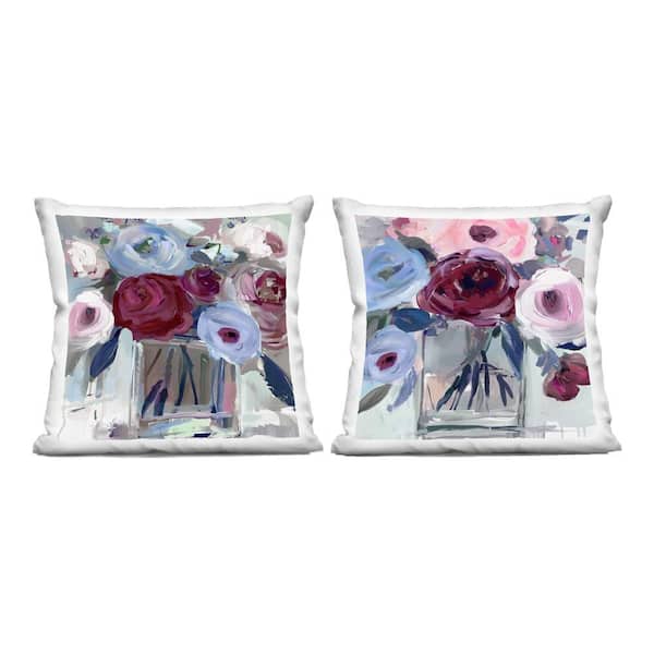Burgundy and Blue Bouquets Blue Floral Zipper Polyester 18 in. x 18 in. Throw Pillow Set of 2