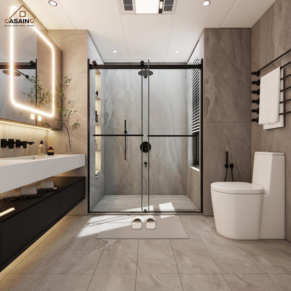 Black Frameless Double Sliding Bypass Shower Door 48" x 76"
