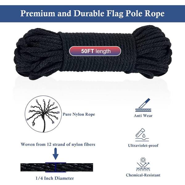Flagpole Gear 5/16 Inch Black Flagpole Halyard Rope With Stainless Steel Cable Core - 50ft, USA Made