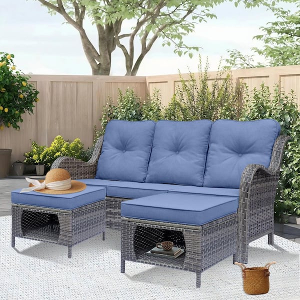 Gray 3-Piece Wicker Outdoor Patio Conversation Seating Sofa Set Couch Ottoman with Denim Blue Cushions