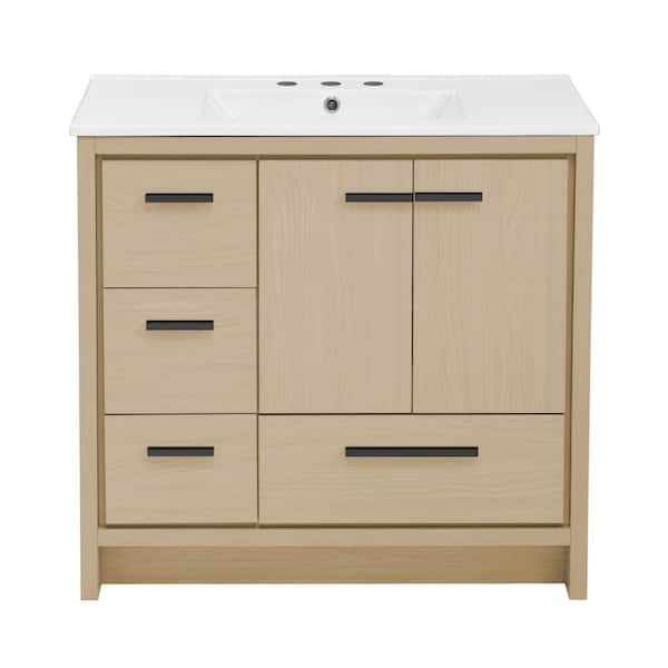 Swiss Madison Virage 36 in. W Bathroom Vanity in Brown Oak with White, 3-Hole Ceramic Sink Top