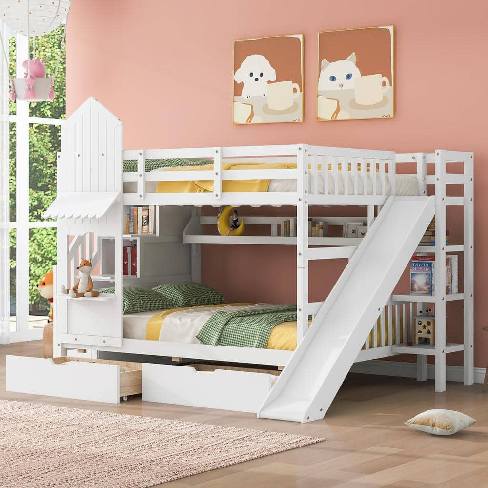 Harper & Bright Designs White Full over Full Castle Style Wood Bunk Bed ...