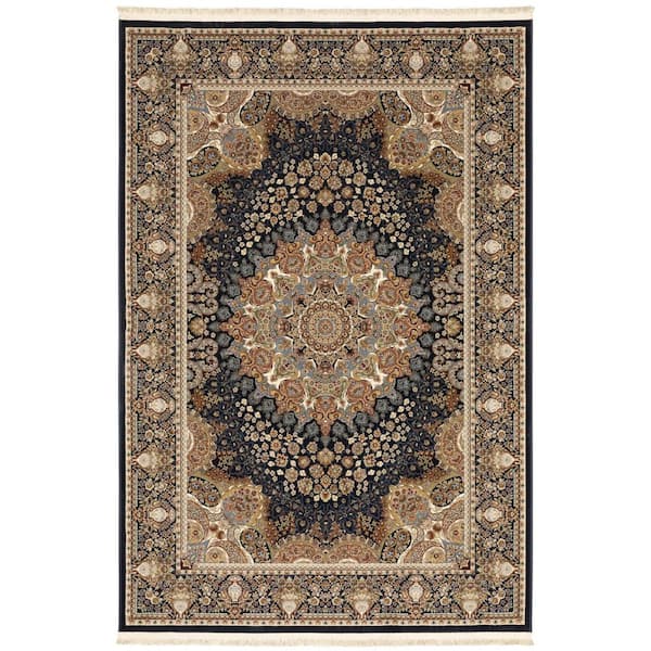 8 X 11 Navy Blue, Light Brown, Ivory Medallion Washable Area Rug Runner Rug