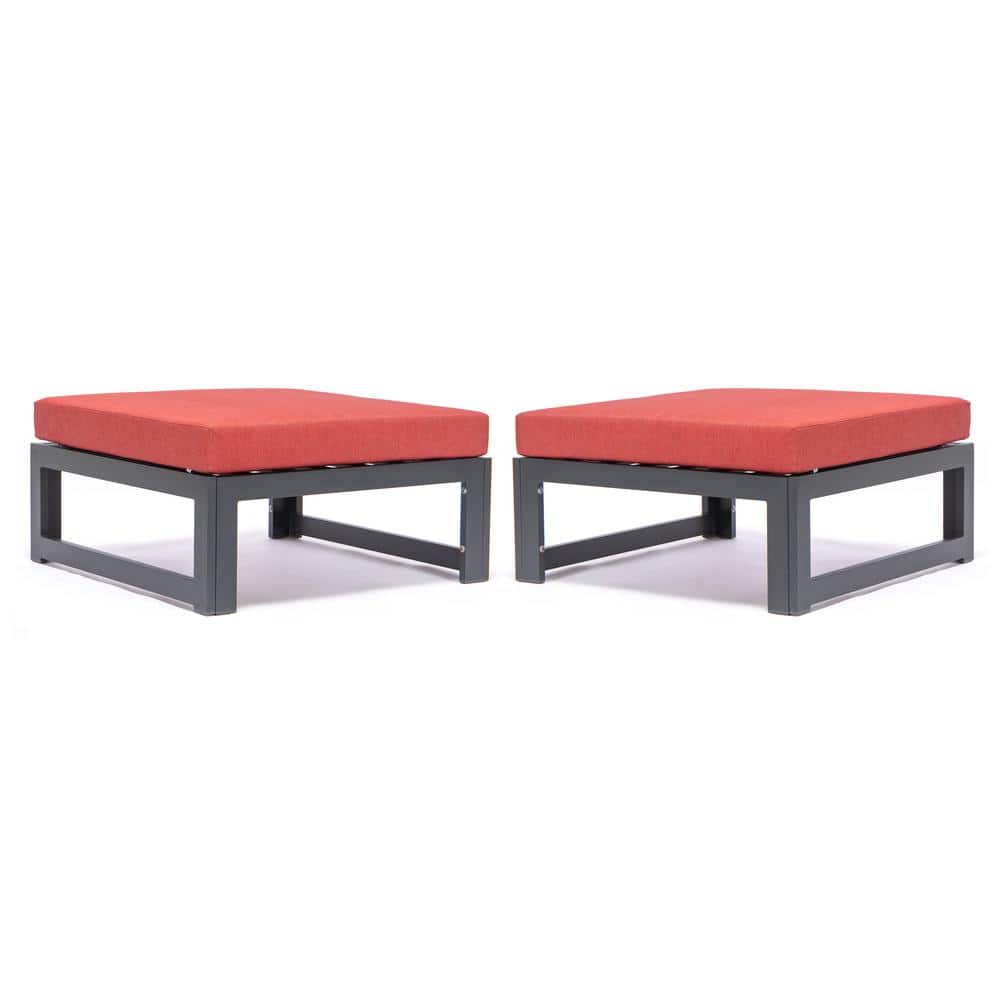 Leisuremod Chelsea Metal Outdoor Ottoman with Red Cushion (2Pack