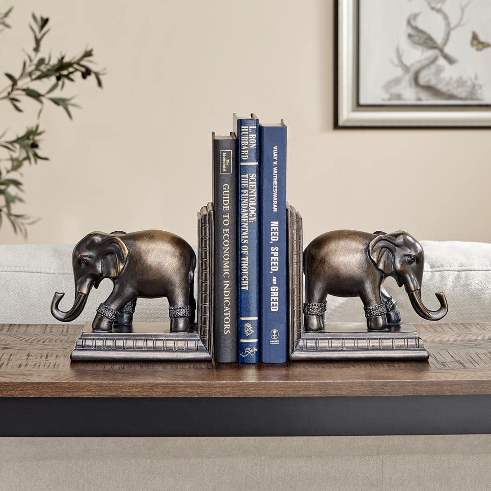 Bronze Patina Elephant Bookends Set with Ornate Design