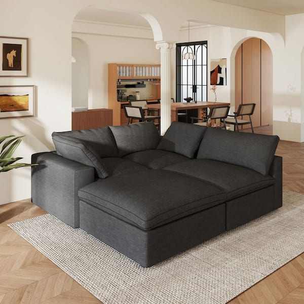 Magic Home 79 in. Modular Black Linen Solid Wood Full Size 3-Seat Convertible Sleeper Sofa Bed with Storage Ottoman, Washable Cover