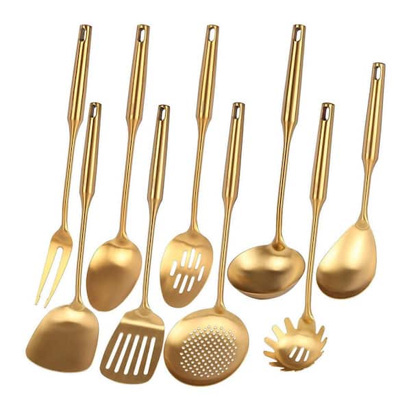 9-Piece Gold Matte Finish 18/10 Stainless Steel Kitchen Utensil Set with Hanging Holes, Dishwasher Safe