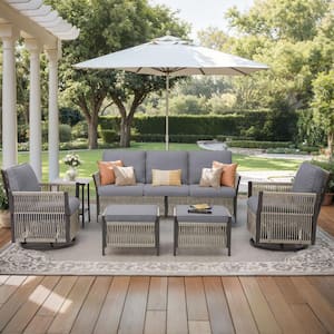 Nyajiah 6-Piece Wicker Patio Conversation Set with Dark Gray Cushions