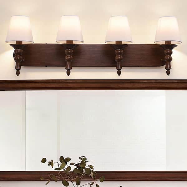 35.03 in. 4-Light Brown Vanity Light Wall Sconces with White Fabric Shade for Bathroom Hallway Bedroom Living Room