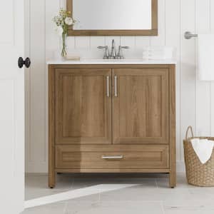 Moorside 36 in. Single Sink Freestanding Sweet Maple Bath Vanity with White Engineered Stone Top (Assembled)