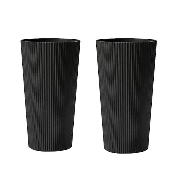 23.6 in. Floor Standing Plastic Tall Planter Flower Pot in Black, 2-Pack