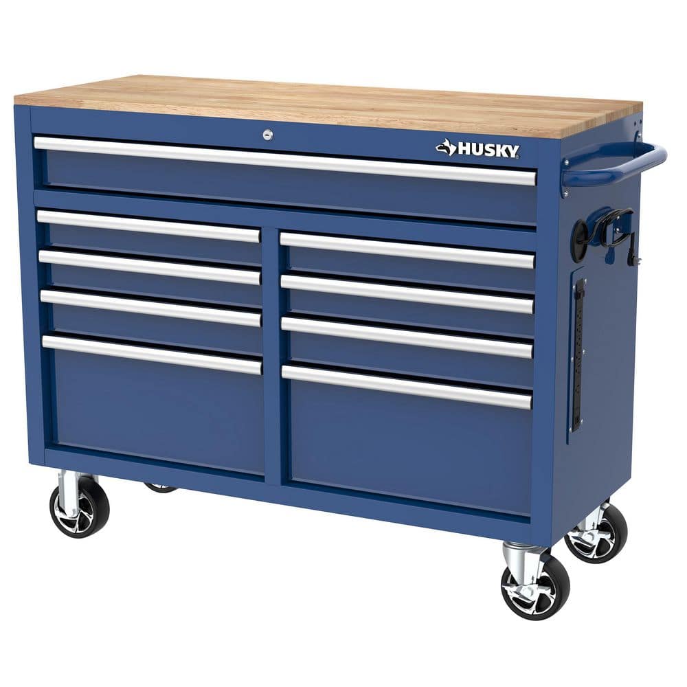 Husky 46 in. W x 18 in. D 9-Drawer Gloss Blue Mobile Workbench Cabinet with Solid Wood Top -  H46X18MWC9BLU