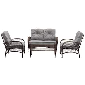 Widely Applicable Brown 4-Piece Wicker Patio Conversation Set with Removable and Machine Washable Gray Cushions