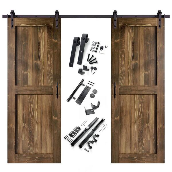 HOMACER 40 in. x 84 in. H-Frame Walnut Double Pine Wood Interior Sliding Barn Door with Hardware Kit, Non-Bypass