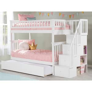Columbia Staircase Bunk Bed Twin Over Twin with Twin Size Urban Trundle Bed in White
