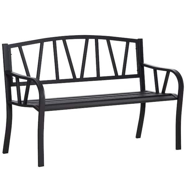 50 in. Black Metal Park-Style Garden Bench, Elegant Outdoor Seating for Two with Smooth Armrests and Slatted Design