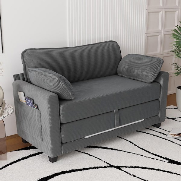 Yelmont Modern 51.15 in. Grey Corduroy Upholstered Twin Size Sofa Bed 2-in-1 Convertible Sleeper Sofa Loveseat