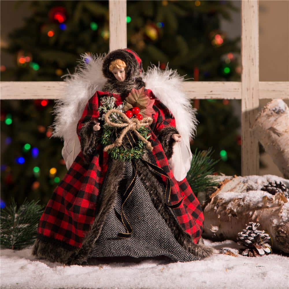 Plaid Angel Christmas Tree Topper with Fur Detailing
