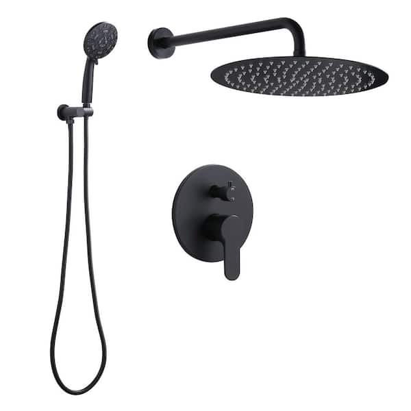 Single Handle Wall Mount 2-Spray Shower Faucet 1.8 GPM with 12 in. Round Shower Head and Adjustable Heads in Matte black