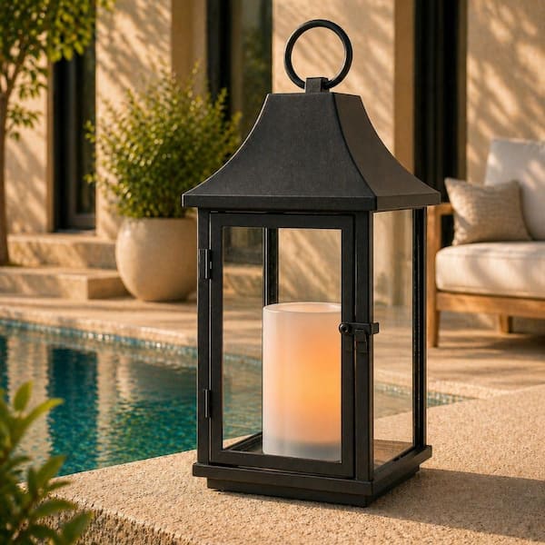 H14'' Outdoor Solar Lantern with Flickering LED Candle Black Metal Decorative Lantern with Tempered Glass Hanging
