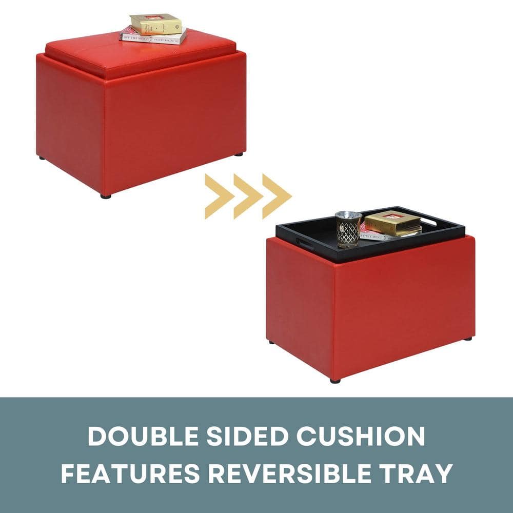Versatile Bright Red Faux Leather Ottoman with Reversible Tray