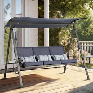 3-Seater Metal Outdoor Porch Patio Swing with Canopy, Blue Removable Cushion 2 Side Tables for Backyard Park Garden