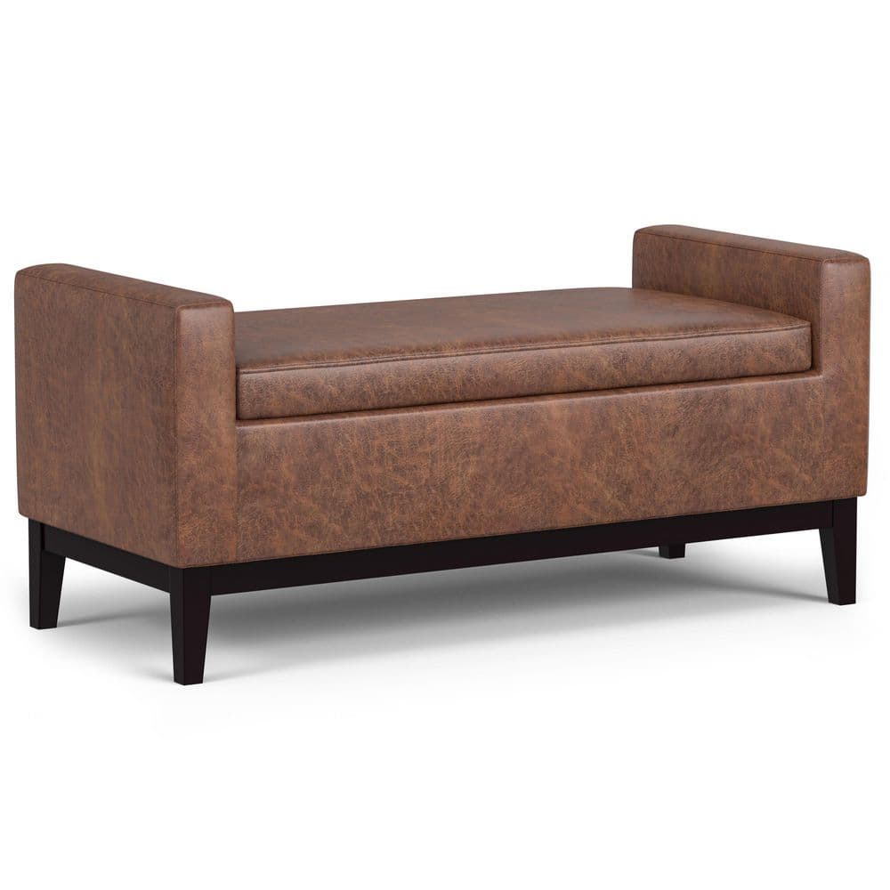 Amber 48" Distressed Saddle Brown Faux Leather Storage Ottoman