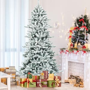 7 ft. Unlit Premium Hinged Snow Flocked Slim Artificial Christmas Fir Tree with Pine Cones