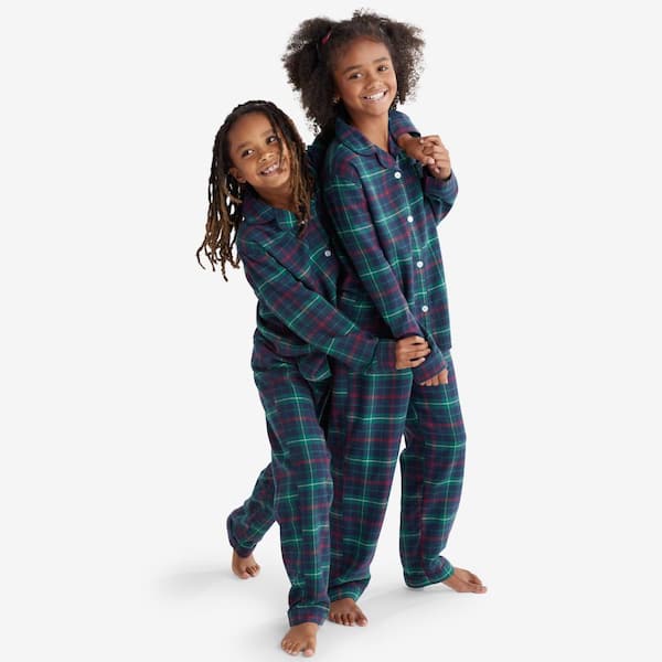 The Company Store Company Cotton Family Flannel Holiday Plaid Kids 6/7 Navy  Multi Solid Top Pajama Set 60016 - The Home Depot