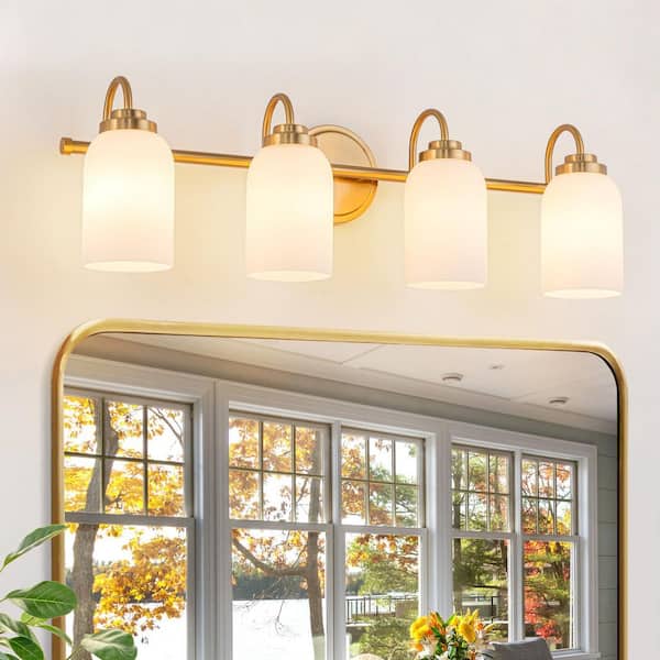 28 in. 4-Light Brushed Gold Bathroom Vanity Light Fixture with Frosted Glass