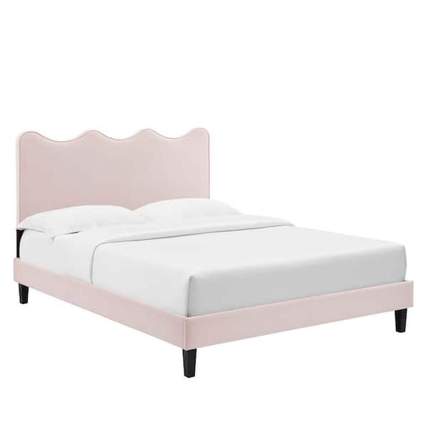 MODWAY Current Performance Velvet Queen Platform Bed in Pink with Black Wood Legs